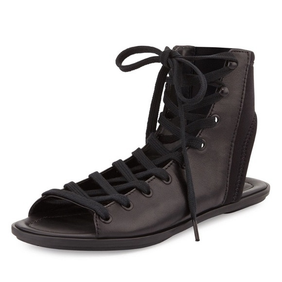 A7EIJE Black Genuine Leather lace up sandals size 7.5 - Picture 1 of 9